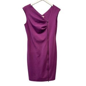 Calvin Klein Size 10 Asymmetrical Ruched Zip Sheath Dress Purple Cocktail Career